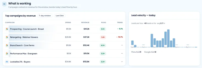 Top campaigns by revenue, with one campaign flagged at 1.4x ROAS